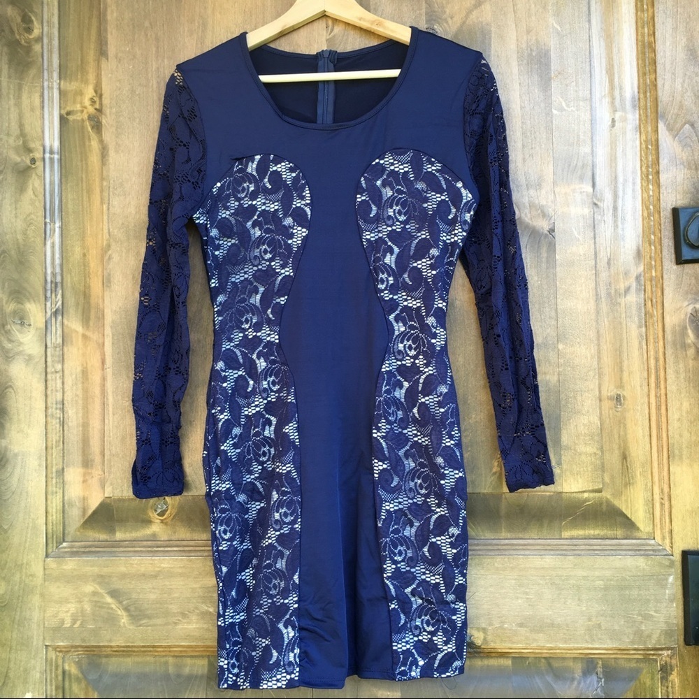 Navy lace long sleeved mini dress - Picture 2 of 8